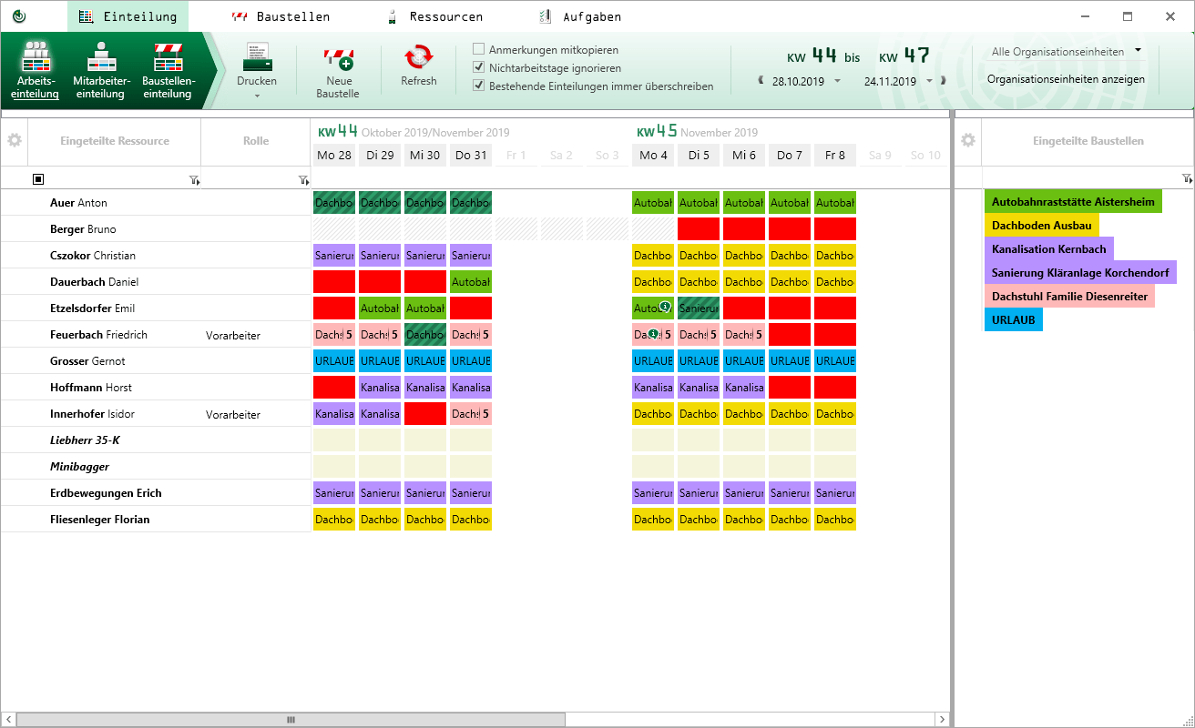 Screenshot der Personaleinsatzplanung in Bauradar unter Windows