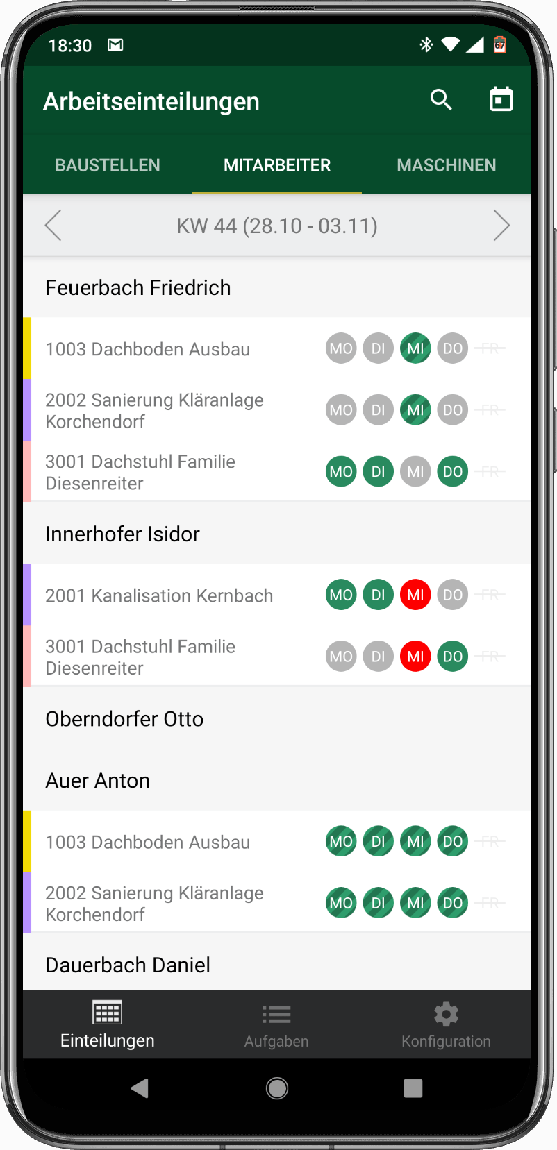 Screenshot der Personaleinsatzplanung in Bauradar am Smartphone