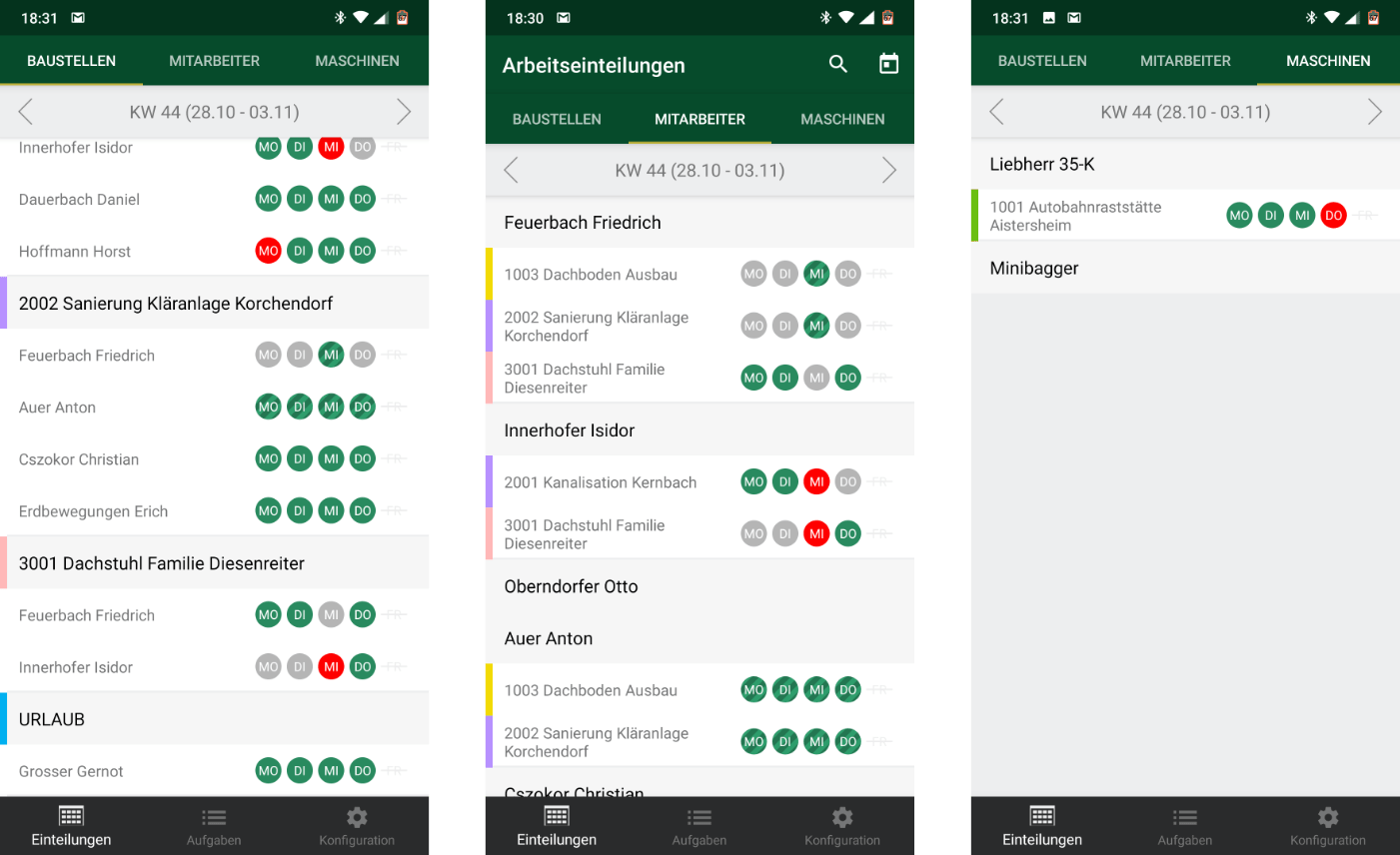 Screenshots der App für Personaleinsatzplanung: Bauradar